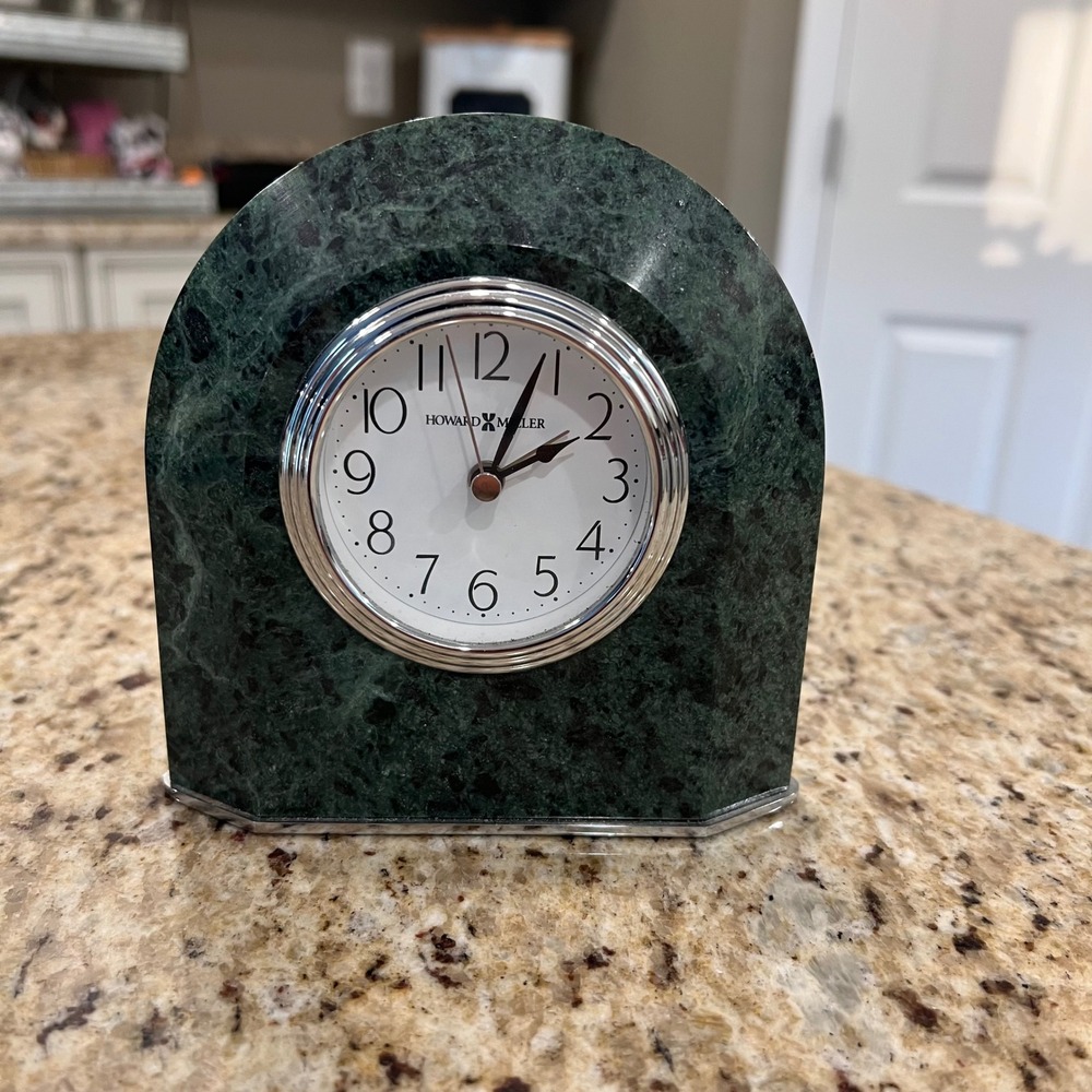 Howard Miller Green Marble Desk Alarm Clock Arched Stone Tabletop Silver Trim